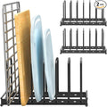 Cutting Board Organizer Rack, 2-Pack Adjustable Bakeware Organizer Holder for Cabinet Countertop, 7 Slots Metal Rack Cookie Baking Sheet, Pot Pan Lids Divider Kitchen Organization Storage, Black