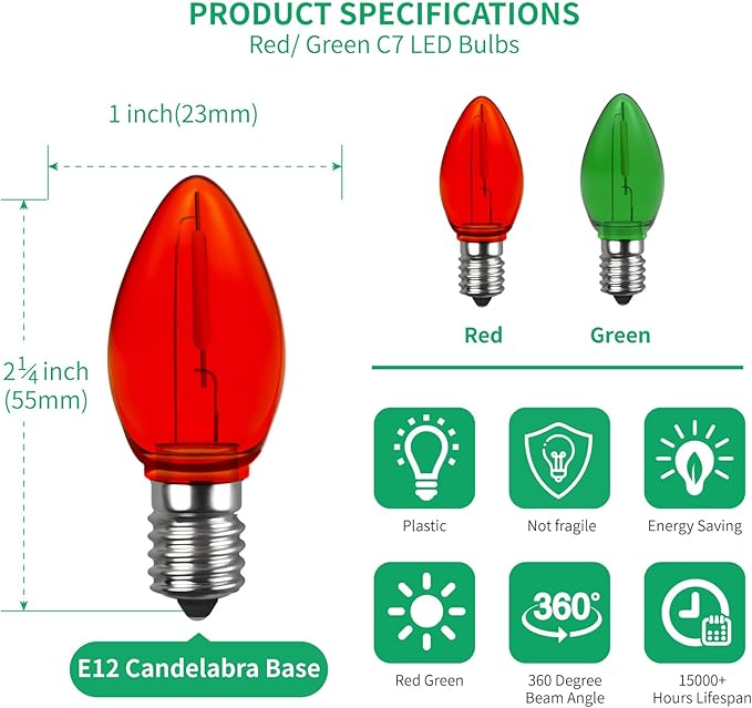 Meconard C7 Led Replacement Christmas Light Bulb, C7 Shatterproof Led Bulbs for Christmas Indoor Outdoor String Lights, E12 Candelabra Base Red Light Bulbs Green Light Bulb, 25 Pack