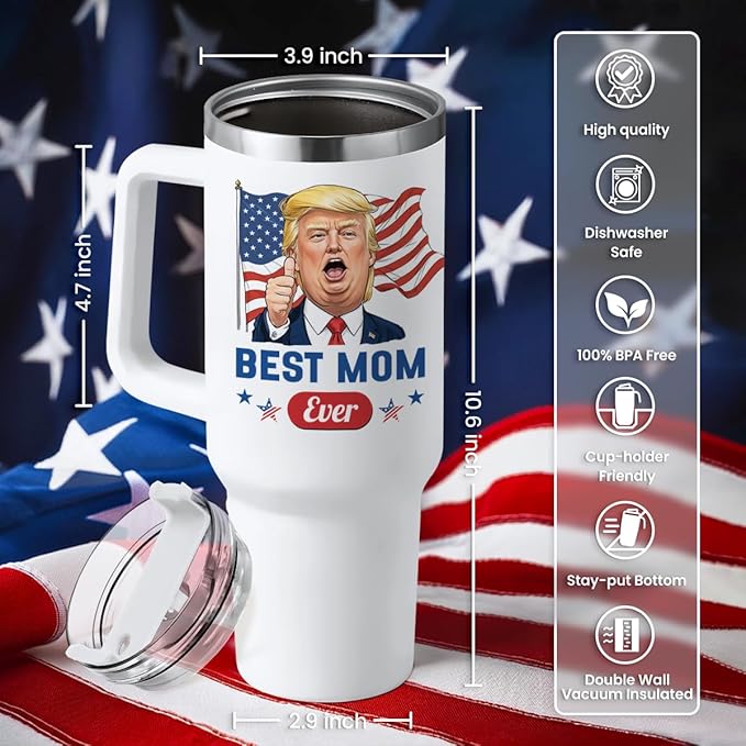 wowcugi Mom Trump Tumbler with Handle 40oz, Gifts for Mom from Daughter Son, Stainless Steel Insulated Tumblers Coffee Travel Mug Cup, Best Moms Gift for Birthday Christmas Mothers Day