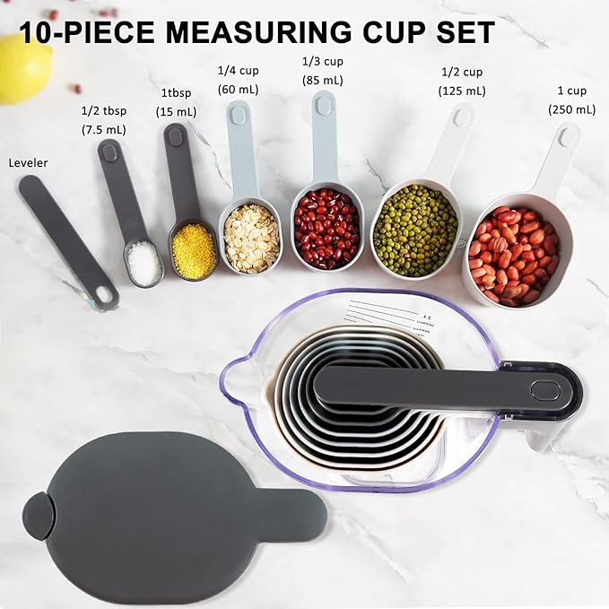11-Piece Measuring Cups and Spoons Set with Stackable Measuring Cup, Lid, and Flour Duster, Unique Kitchen Gadgets for Baking and Cooking, BPA-Free, Dishwasher Safe