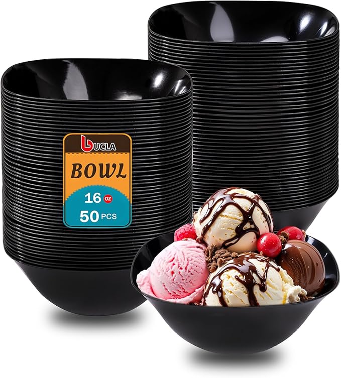 bUCLA 50Pack Black Plastic Serving Bowls - 16oz Disposable Serving Bowls for Dessert/Ice Cream/Salsa/Snack/Candy, Ideal for Party & New Year