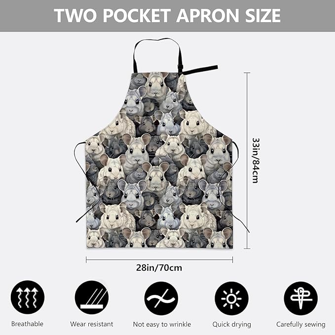 Cute Chinchilla Apron, Adjustable Kitchen Realistic Chinchilla Faces Aprons with Pockets for Cooking BBQ Gardening, 28×33 IN, Holiday Gifts for Women Men Wife, for Chef Baking, Oxford Fabric