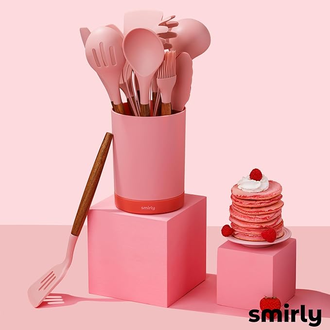 Silicone Kitchen Utensils Set & Holder: Cooking Utensils Set - Kitchen Essentials for New Home & 1st Apartment- Silicone Spatula Set, Cooking Spoons for Nonstick Cookware (Acacia Wood, Pink)