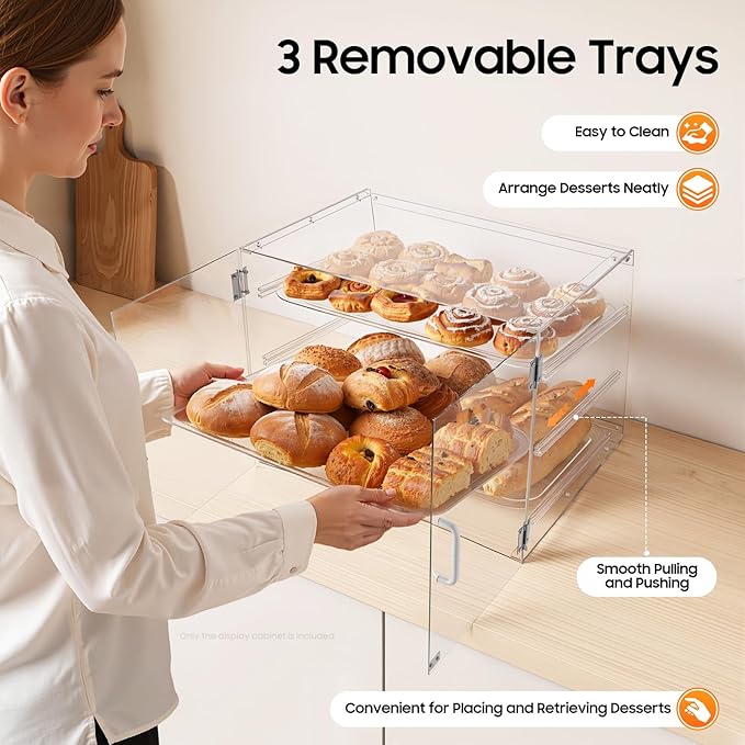 Pastry Display Case, 3-Layer Bread Box For Kitchen Countertop, Clear Bread Storage Container with Magnetic Door, Large Bread Holder Bakery Display Case for Bagel Muffins, 21.3x17.3x16.5 Inch