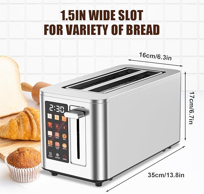 Touch Screen Toaster 4 Slice, 4 Bread Types, 4 Shade Settings, LCD Display, Extra Wide 1.5" Slots, Memory Function, 1400W，16.54 * 8.66 * 7.48inch