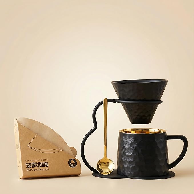 Pour Over Coffee Maker set,Ceramic Coffee Maker With V60 40 pcs Paper Filter，Metal Stand 9oz 270ml mug Pour Over Coffee Dripper black