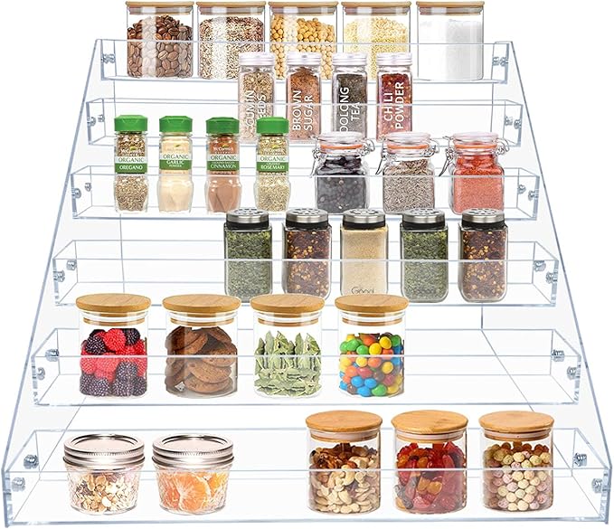 VAEHOLD Acrylic Spice Rack, 6 Tier Clear Organizer for Cabinet, Vertical Spice Rack Kitchen Organizer Shelf for Countertop (6 Tier)