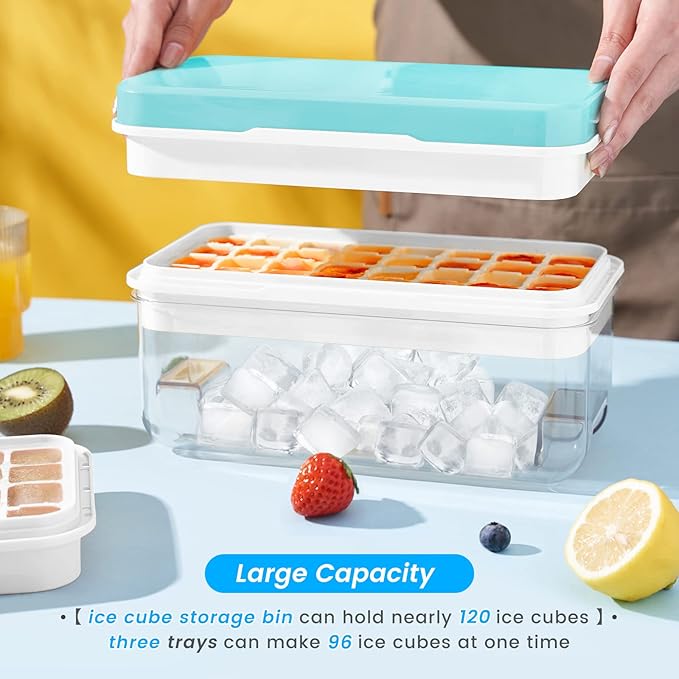 PHINOX Ice Cube Tray with Lid and Bin, 3 Pack Plastic Ice Cube Tray Molds, 96(4 * 8 * 3) pcs Ice Trays for freezer, Chilling Drinks, Whiskey & Cocktails, with Ice Container and Ice Scoop, BPA-Free