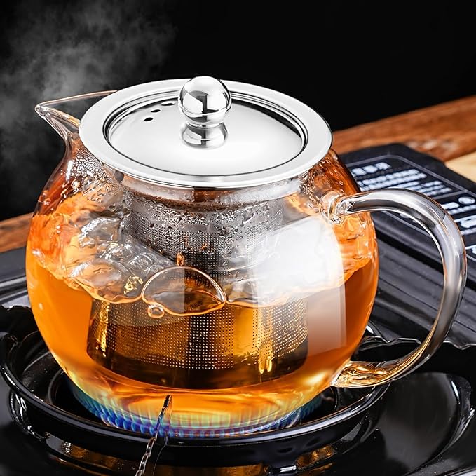 PARACITY Glass Teapot Stovetop 34OZ/1000ml, Tea pot with Removable 18/8 Stainless Steel Infuser, Borosilicate Clear Tea Kettle, Teapot Blooming and Loose Leaf Tea Maker Tea Brewer for Camping, Travel