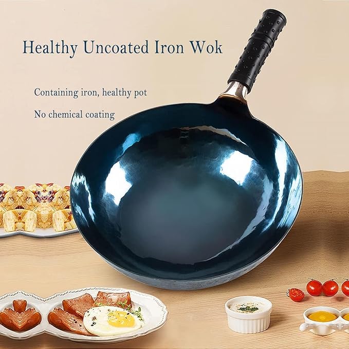 14 Inch Chinese Hand Hammered Iron Wok and Stir Fry Pans with Lid Round Bottom Wok Pan Non-stick No Coating Ideal for Home Use and Gift Giving