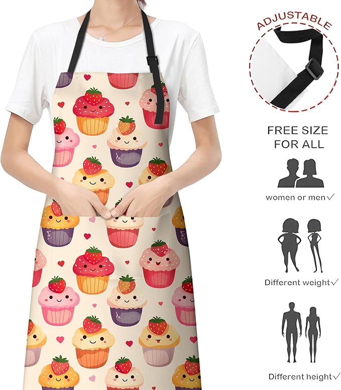 Smiling Cupcake Apron for Women, Cooking BBQ Chef Polyester Lightweight Cute Kawaii Cake and Heart Aprons with Pockets for Baking Kitchen Gardening Cleaning, Adjustable Neck Strap, 28×33inch