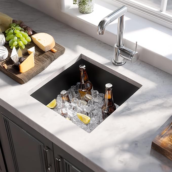 TORVA 14 x 14 Inch Gloss Black Undermount Kitchen Sink, PVD Coated Gunmetal Bar Sink，16 Gauge T-304 Stainless Steel Single Bowl Wet Bar or Prep Sinks with Zero-Radius Corners, Dark Grey