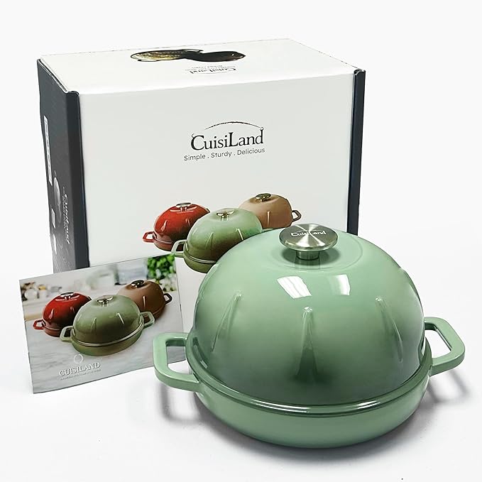 Cuisiland Enameled Cast Iron Bread Cloche – Dome Lid Dutch Oven for Artisan Sourdough Baking – Heat-Retaining, Nonstick Bakeware for Crispy Crust & Even Baking – Oven Safe, Elegant Green Design