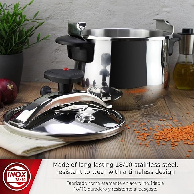 MAGEFESA Star Belly Pressure Cooker 10.6 Qt – 18/10 Stainless Steel, Rounded Bottom, 3 Safety Systems, Works on All Stovetops Including Induction, 8 PSI