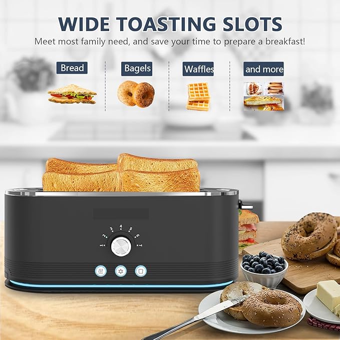 4-Slice Toaster, 7 Browning Settings, Removable Crumb Tray, Full body Stainless Steel Housing 1350W ，Anti-Fingerprint & Anti-Jam,Black