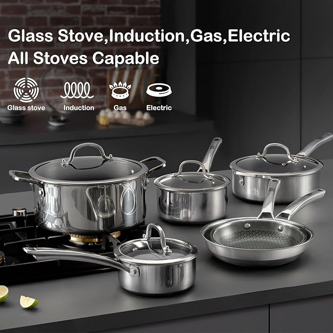 Sauce pan with lid,1.5 Quart & 2.5 Quart & 3.5 Quart Hybrid Nonstick Sauce pans set, Stainless Steel cookware,non stick Pots PFOA Free,Works on Induction,Ceramic and Gas Cooktops