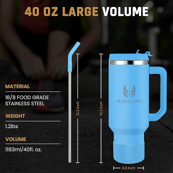 40 oz Insulated Tumbler with Handle and Straw – Stainless Steel Double Wall Vacuum Cup Fits Car Cup Holder, Hot Cold Travel Mug, BPA Free Reusable Water Bottle Gift for Women Men - Sky Blue