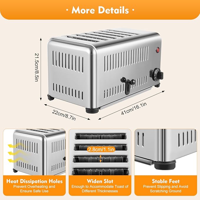 6 Slice Toaster 1.1in Wide Slot, Commercial Toaster with 2 Toasting Modes(4 or 6 Slices), 201 Stainless Steel Bread Baking Machine for Various Toast Types, 1680W 110V