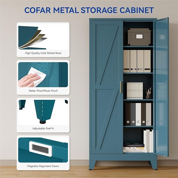 COFaR 71 in Tall Metal Storage Cabinet, Metal Cabinet with 3 Adjustable Shelves and Barn Doors, Farmhouse Cupboard Storage for Kitchen Pantry Garage, Peacock Blue 5-Tier