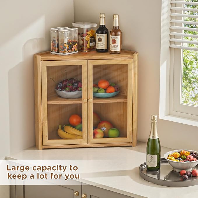 BAMBANG Corner Bread Box for Kitchen Countertop, Double Layer Bamboo Bread Storage Container with 2 Doors, Farmhouse Large Bread Bin, Wooden Breadbox Holder for Homemade Bread, Natural