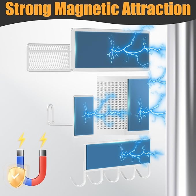 Magnetic Spice Rack for Refrigerator, 10 Pack 100% Metal Strong Magnet Shelf, Moveable Spice Organizer W/ Adjustable Paper Towel Holder, Hook Rack & Utensil Caddy, Home Kitchen Laundry Storage, White