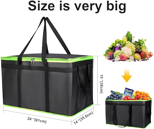2 Pack XXXL-Large Insulated Grocery Shopping Bags, Green, Reusable Bag,Thermal Zipper,Collapsible,Tote,Cooler,Food Transport hot and Cold,Camping,Recycled Material delivery Groceries