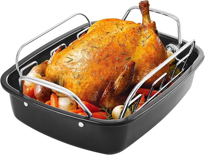 KITESSENSU Large Roasting Pan with Rack - 25 LB Nonstick Turkey Roaster Pan for Oven - Heavy Duty Carbon Steel Roasting Pan with Wider Handles for Chicken, Vegetables & Holiday Meals, Gray
