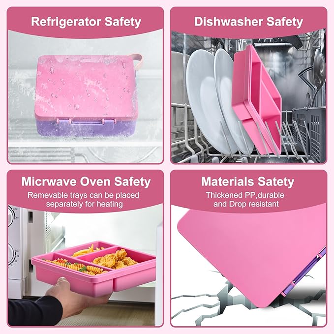 Chill Bento Lunch Box for Kids Adult with Ice Pack,Leak Proof 3 Compartments Lunch Container for Kids,Ice Pack Detachable Bento Box,BPA Free,Dishwasher & Microwave Safe-Pink Purple