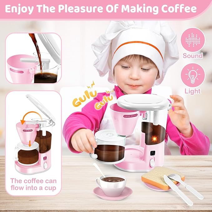 Shemira Play Kitchen Accessories, Play Kitchen Appliances Toy Set with Coffee Maker, Blender, Mixer, Toaster, Kids Kitchen Playset, Toys for 3 4 5 6 7 8 Year Old Girls, Birthday Gifts for Girls, Pink