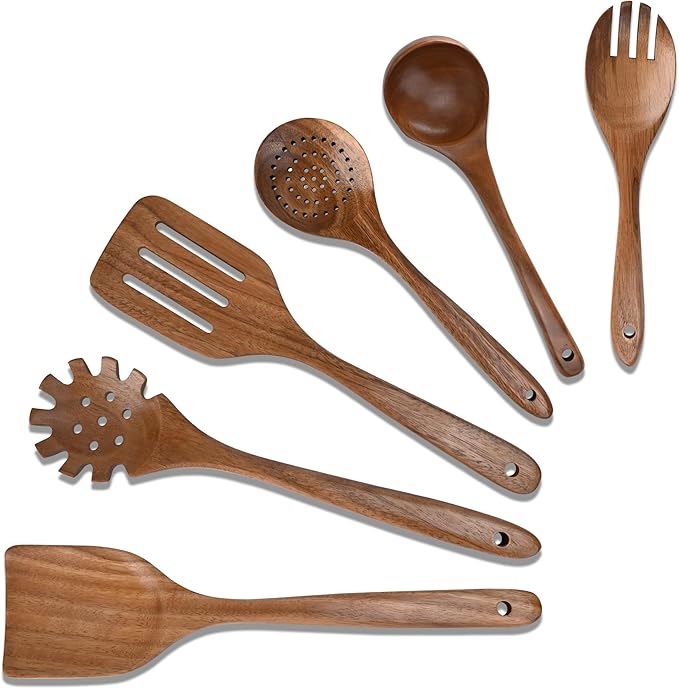 Wooden Spoons for Cooking,6PCS Teak Wood Cookware Utensil Set,Lightweight,Durable and Heat-Resistant – Easy to Clean, Perfect for Non-Stick Cookware