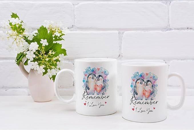 QASHWEY Remember I Love You Coffee Mug, Wedding Gifts Engagement Gifts for Couples Boyfriend Gift Girlfriend Gift Coffee Cups Ceramic 11oz, Cute Penguin Love Tea Cup