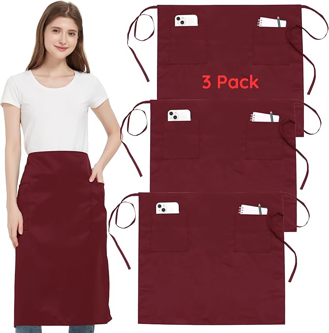 3 Pack Waist Apron with 3 Pockets, Unisex Black Waiter Aprons, Water Resistant Server Aprons for Restaurant Chef Bar