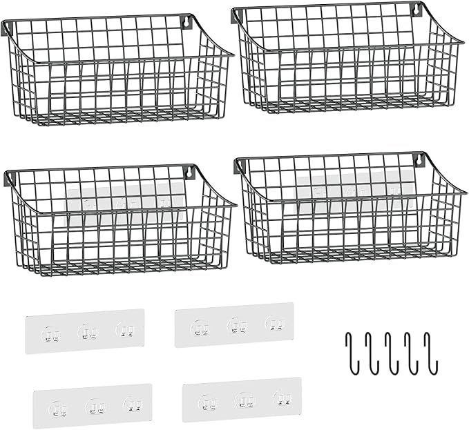 Sonyabecca 4 Pack Hanging Wall Basket for Organizing, Large Wire Basket for Storage Pantry with 5 S Hook+4 Adhesive Hook, Wall Mounted Shelf for Kitchen Bathroom