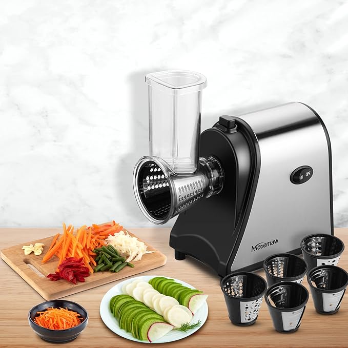 Electric Cheese Grater for Block Cheese, 5 Different Shapes of Blades for Slicing/Shredding/Grating, 250W Automatic Cheese Shredder Vegetable Slicer with One-Touch Control for Fruits, Nuts