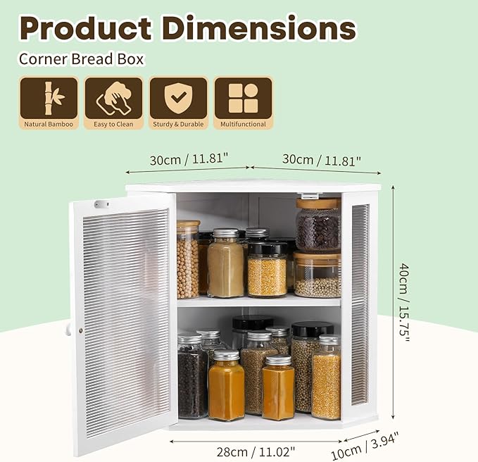 Corner Bread Box for Kitchen Countertop - Bamboo Large Capacity Bread Storage Bin with Acrylic Wavy Door Panel,Bread Box (White,Extra Large)