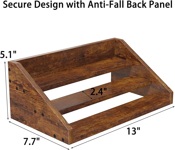 3 Tier Wood Spice Rack Organizer for Cabinet, Super Sturdy Display Riser Shelf Seasoning Organizer for Countertop Pantry Cupboard, Retro Storage Holder for Kitchen Condiment Jar Spice Container