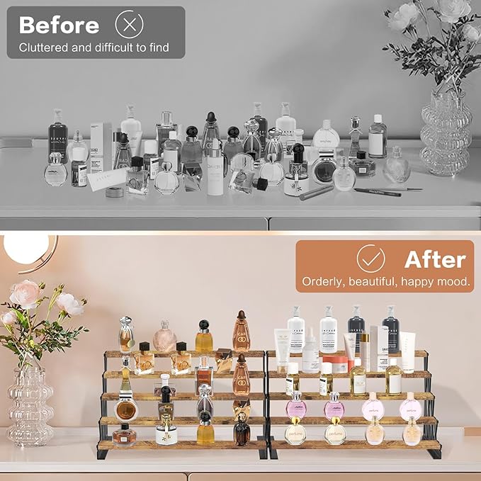 KALYLOC 5 Tier Wooden Display Riser Stand 13.8 Inch Metal Step Cologne Stand Perfume Organizer Tabletop Tiered Display Shelf Rack for Cupcake Spice Figures Cosmetics Candles (Brown, X-Shape)