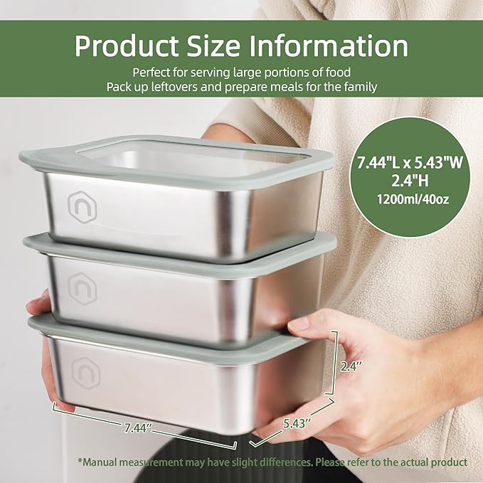 Meal Prep Containers, 3Pack 40oz/1200ml Glass Food Storage Containers with Leak Proof Airtight Lids, Stainless Steel Bento Lunch Boxes, Kitchen Storage for Oven, Freezer, Dishwasher (Set of B)