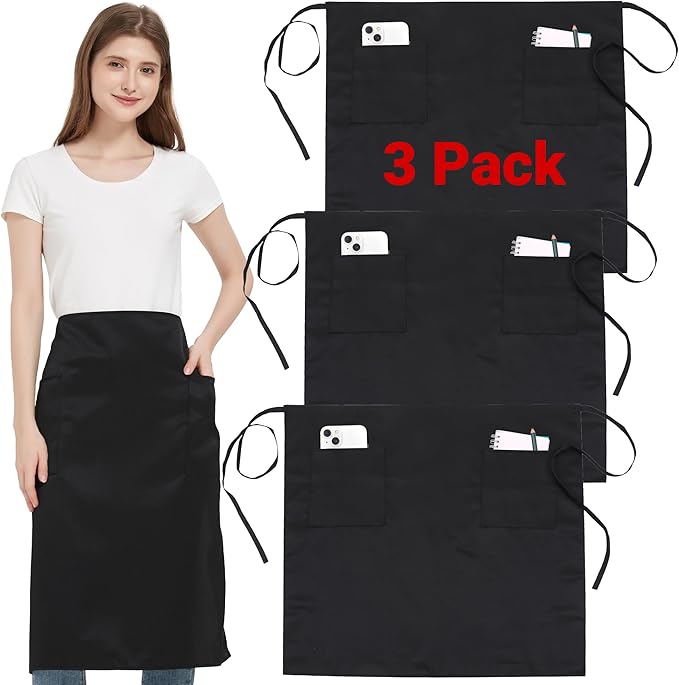 3 Pack Waist Apron with 3 Pockets, Unisex Black Waiter Aprons, Water Resistant Server Aprons for Restaurant Chef Bar