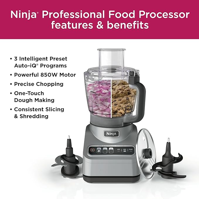 Ninja Professional Food Processor, 850 Watts, 9-Cup Capacity, Auto-iQ Preset Programs, Chop, Slice, Shred & Puree, Stainless Steel Blades, Dishwasher-Safe Parts, Silver (BN600)