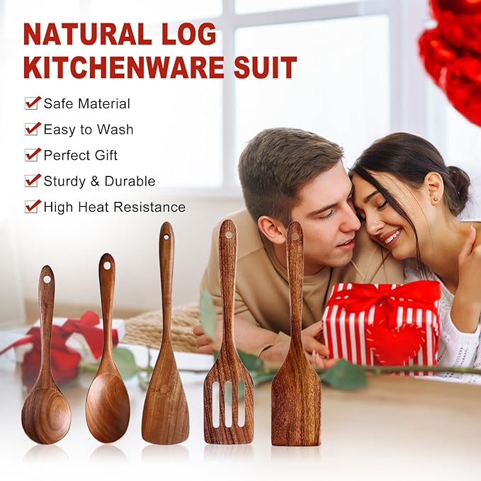 5 PCS Wooden Cooking Utensils Set, Kitchen Utensils Set, Wooden Spoons for Cooking, Non-Stick Heat-Resistant Wooden Spoons for Cooking, Ideal for Nonstick Cookware