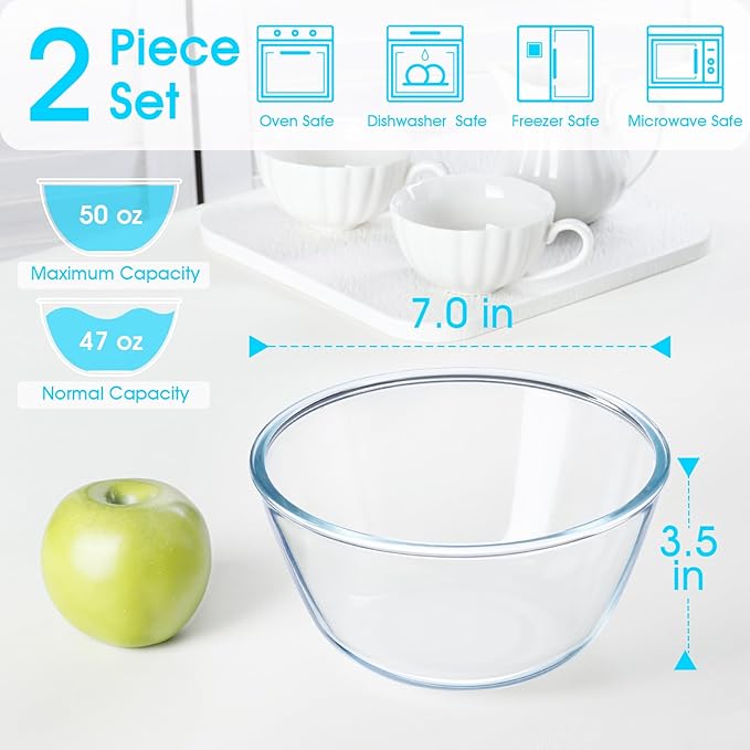 NUTRIUPS 50oz Deep Glass Mixing Bowls 7inch Glass Salad Bowl Clear Prep Bowls for Kitchen, Set of 2