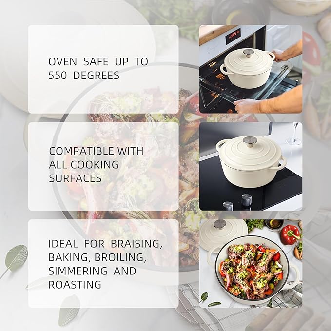 3 Quart Dutch Oven Enameled Cast Iron with Lid - Big Dual Handles - Oven Safe up to 500°F - Classic Round Pot for Versatile Cooking Cream