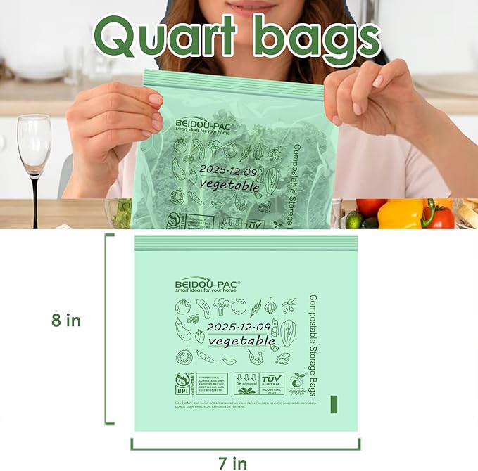 Compostable Quart Food Storage Freezer Bags, 180 Count | 2 Mil | 8 IN x 7 IN, Freshness Easy Open Biodegradable, Eco-Friendly Reclosable Compost Zipper Bags