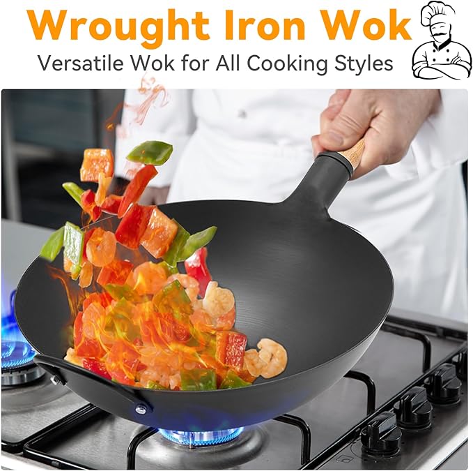 WANGYUANJI 14.2 Inch Round-Bottom Iron Wok, Deep Chinese Stir-Fry Pan (Seasoning Required), Wok Ring Required, Not Flat-Top/Induction — No Lid, No Ring,Wooden Handle, Coating-Free
