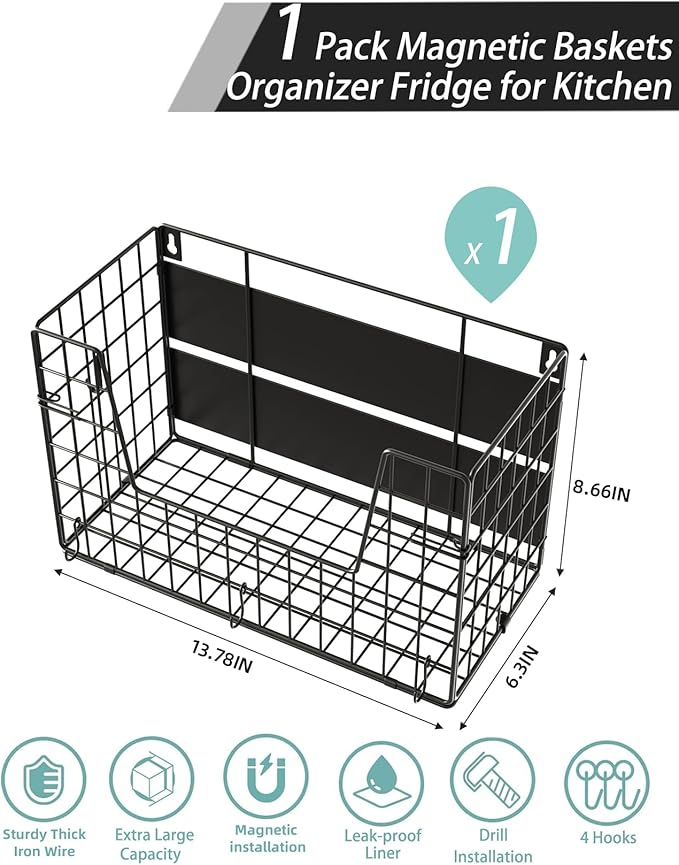 Magnetic Fridge Basket Storage Organzier for Fruit & Wrap, Magnetic Shelf for Side of Refrigerator for Kitchen,Laundry (1 Pack)