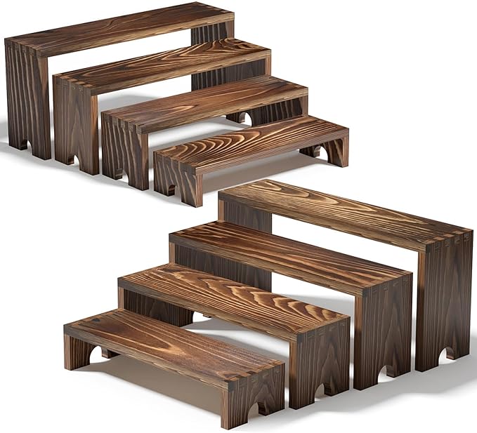 Large Wooden Tiered Riser Stand for Vendor Booth Events, Stackable Cupcake & Dessert Display, Farmhouse Decor Table Set, Food Display Items for Party (12-11.2-10.4-9.6IN), 2 Set