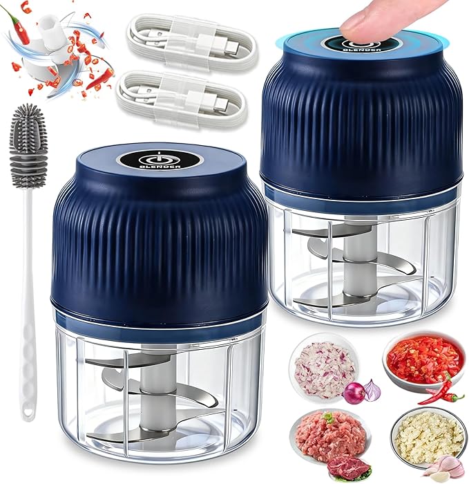 2026 New Electric Garlic Chopper, Mini Portable Veggie Chopper with 304 Stainless Steel Blades, 300ML Rechargeable Food Processor Cordless, for Mashing Onion Garlic Chili Ginger Fruits (2*Blue)