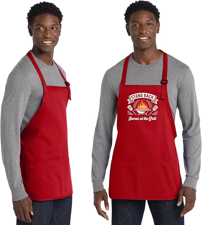 Personalized Medium Length Cooking & Grill Apron – Stand Back Design with Custom Text (1-2 Lines)