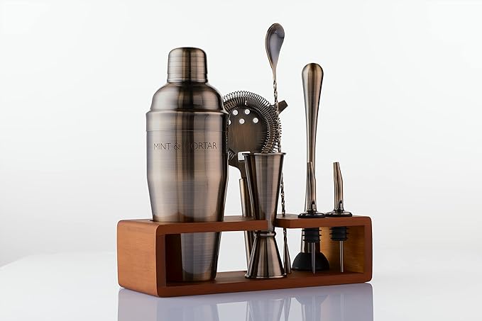Mint & Mortar Cocktail Shaker Set, 7-Piece Bartender Kit with Stand, 24oz Martini Shaker Bottle Stainless Steel Bar Tools, Home Bar Accessories Drink Mixer, Barware Gift Set - Brushed Gold